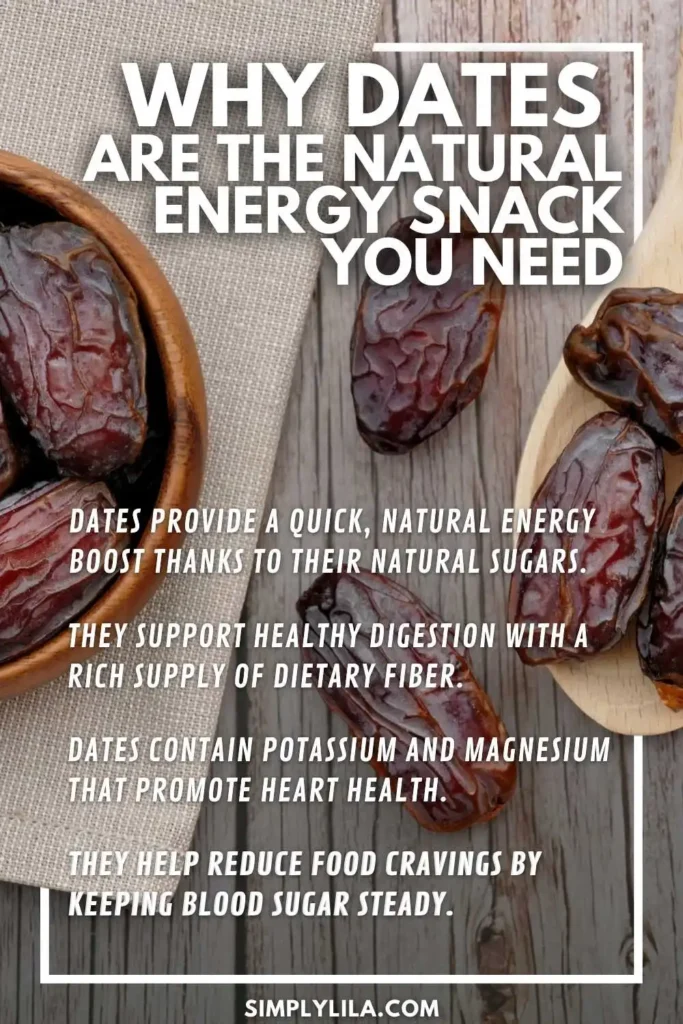 Dates arranged on wooden bowls with text explaining why dates are considered a natural energy snack