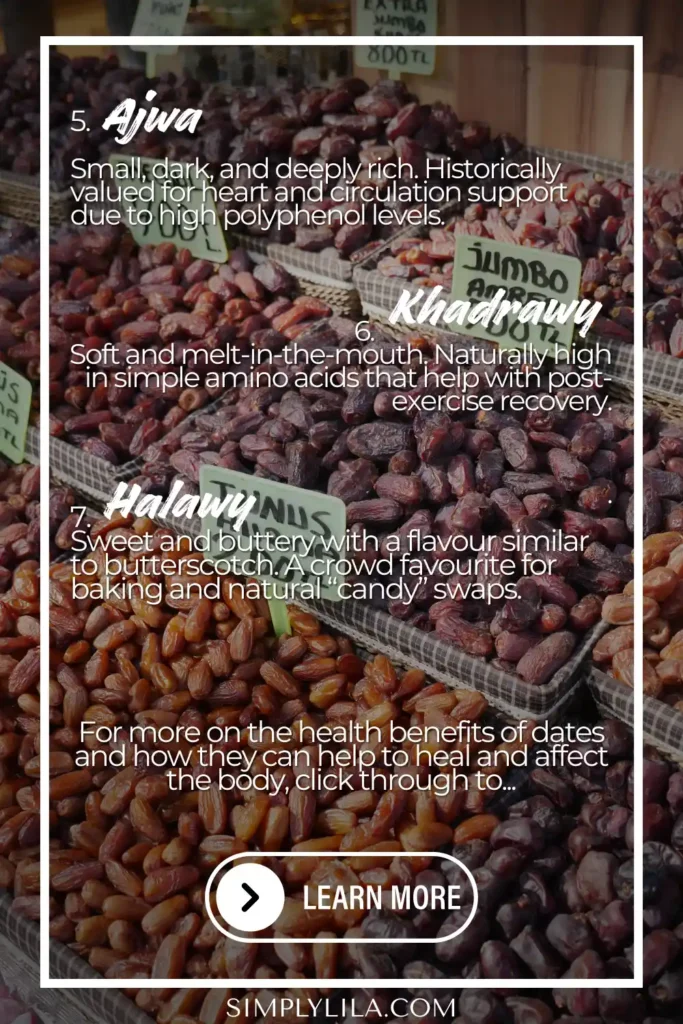 Infographic showing different date varieties including Ajwa, Khadrawy and Halawy, highlighting their flavour profiles, texture and traditional nutritional qualities in a market setting.