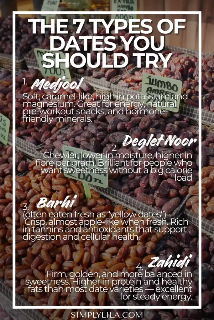Market display of different date varieties including Medjool, Deglet Noor, Barhi and Zahidi with text about their characteristics