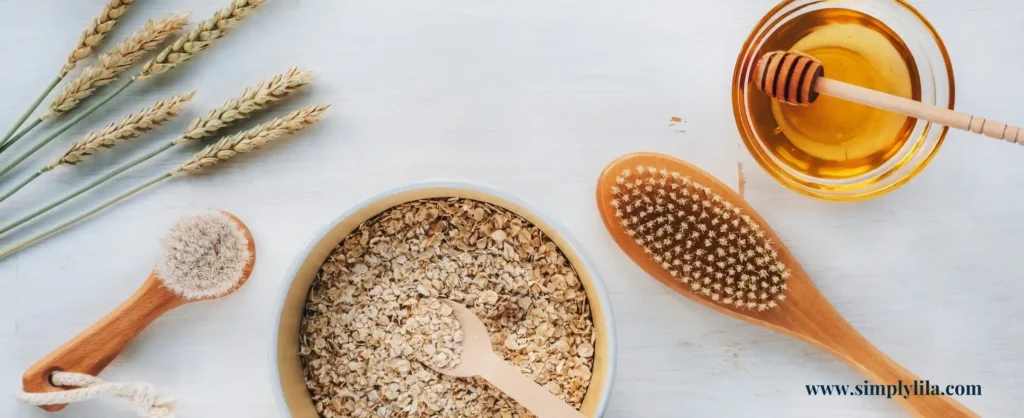 Bowl of oats with honey and dry brush for natural oatmeal bath skincare