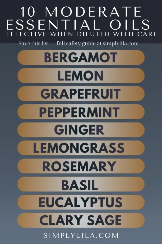 10 moderate essential oils effective when diluted with care — bergamot, lemon, grapefruit, peppermint, ginger, lemongrass, rosemary, basil, eucalyptus, clary sage