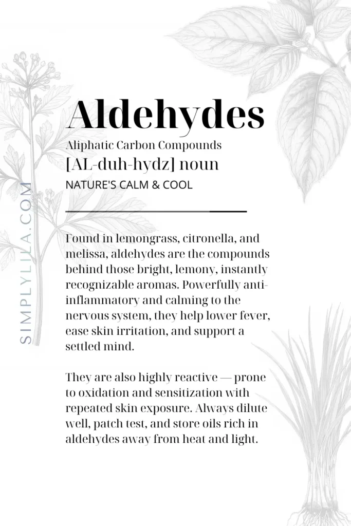 Aldehydes definition card — nature's calm and cool compounds found in lemongrass, citronella and melissa essential oils