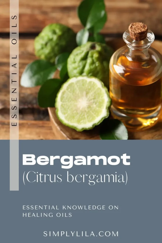 bergamot essential oil bottle with fresh citrus bergamia fruit and leaves