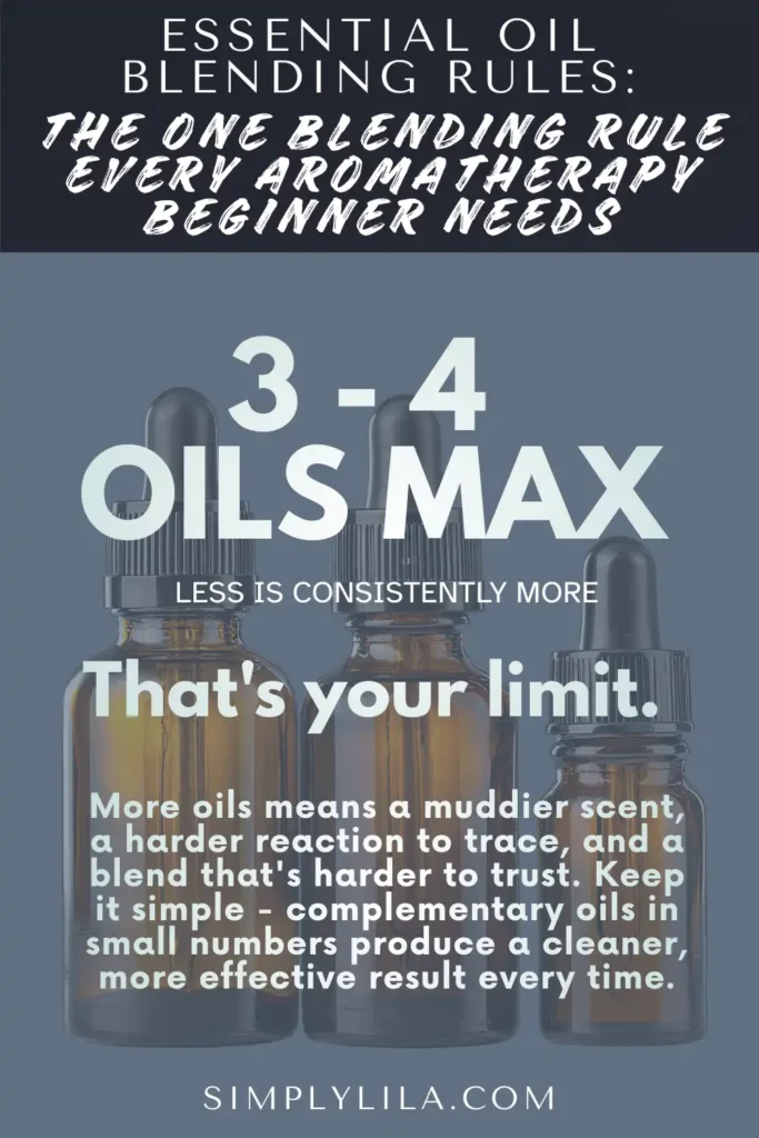 Three amber essential oil dropper bottles — essential oil blending rule for beginners, 3 to 4 oils maximum for a cleaner more effective blend