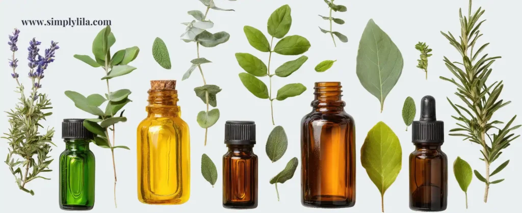 Green and amber essential oil bottles surrounded by lavender, eucalyptus, rosemary and sage sprigs on a white background