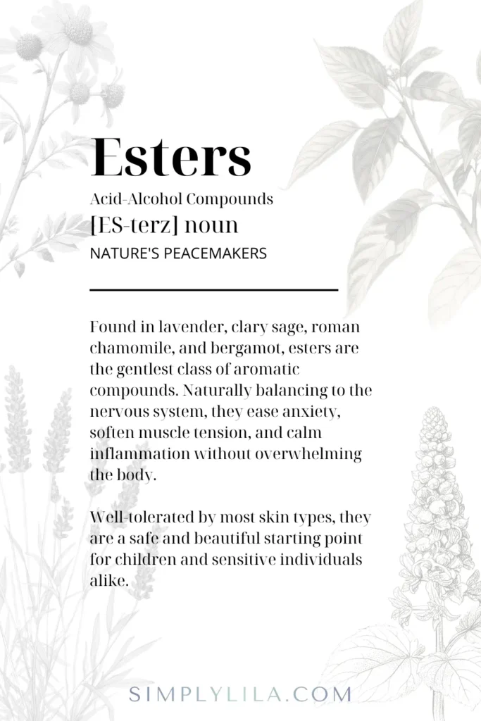 Esters definition card — nature's peacemakers found in lavender, clary sage, chamomile and bergamot essential oils