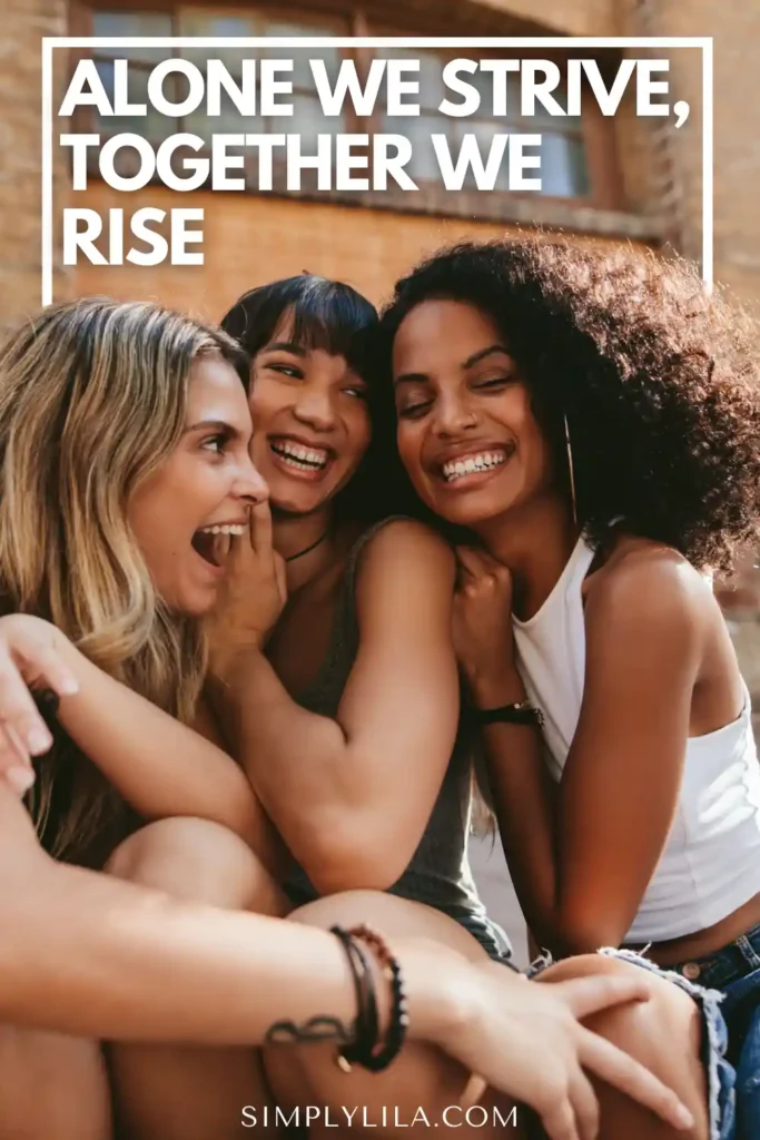 Three smiling women sitting close together and laughing outdoors, representing the power of community and connection. The image accompanies a SimplyLila.com article about how habits are easier to form and sustain when supported by others.