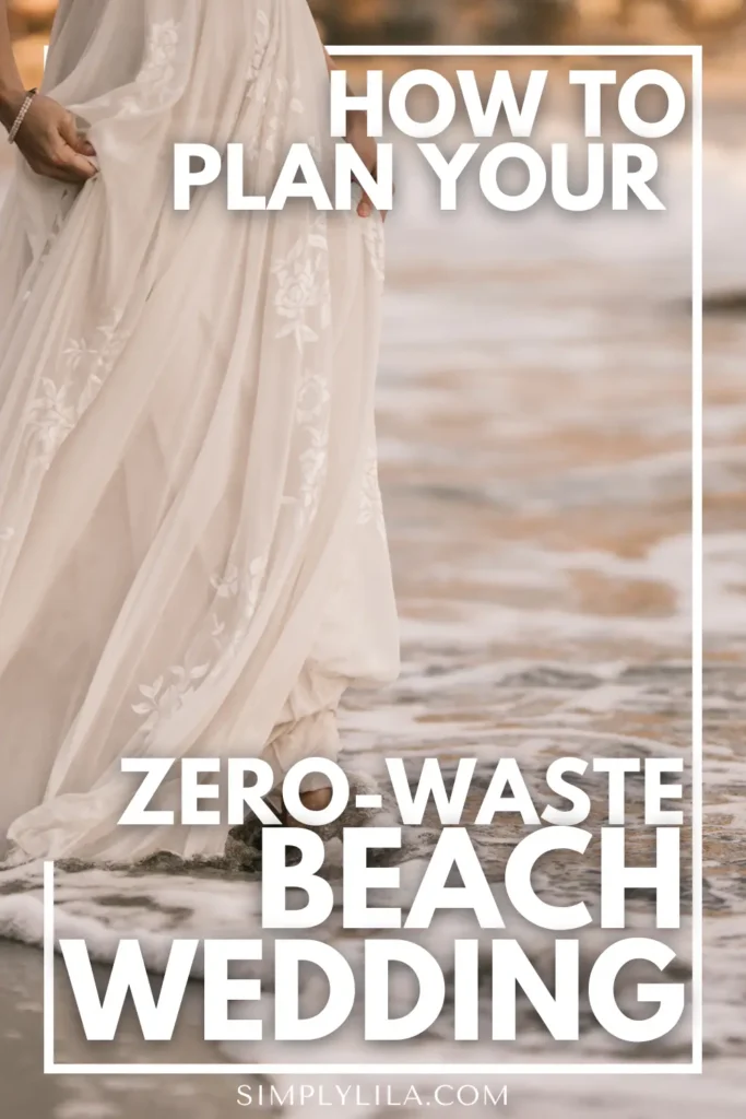 Bride in flowing floral embroidered gown standing at the shoreline — how to plan a zero waste beach wedding