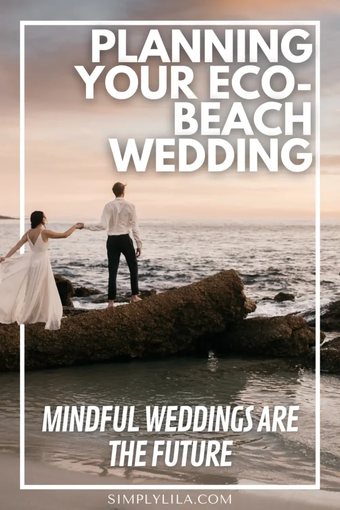 Bride and groom standing barefoot on coastal rocks at sunset — planning your eco-friendly beach wedding
