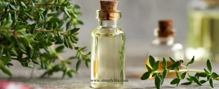 Bottle of thyme oil surrounded by fresh thyme sprigs on a wooden surface.