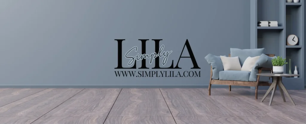 Simply Lila brand logo on a minimalist blue interior background with chair and decor