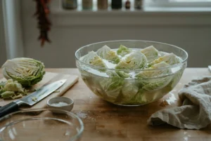 A glass bowl of cut up cabbage in brine on a wooden table