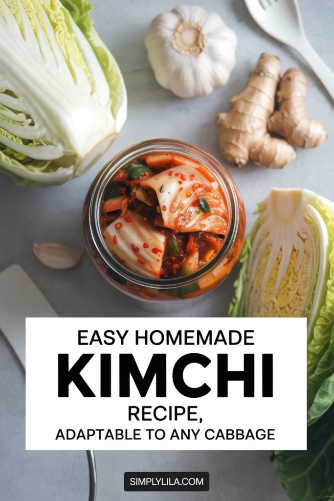 Delicious homemade kimchi in a jar next to fresh vegetables, highlighting a nutritious fermented dish.