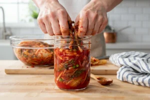Hands stuffing the kimchi into a clean glass jar ready for fermenting, leaving 3cm of space above the cabbage and vegetables for the juices