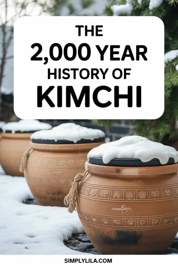 Traditional Korean kimchi fermentation jars in winter, illustrating the 2,000-year history of kimchi and its role in gut health and microplastic detoxification.
